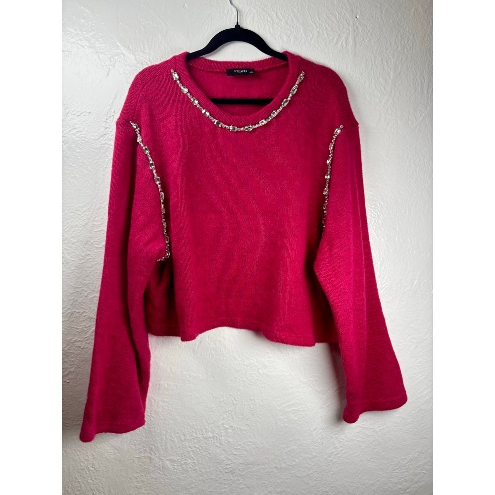 Cider Red Rhinestone Embellished Fuzzy Knit Sweater 2XL Glam Mob Wife Barbiecore